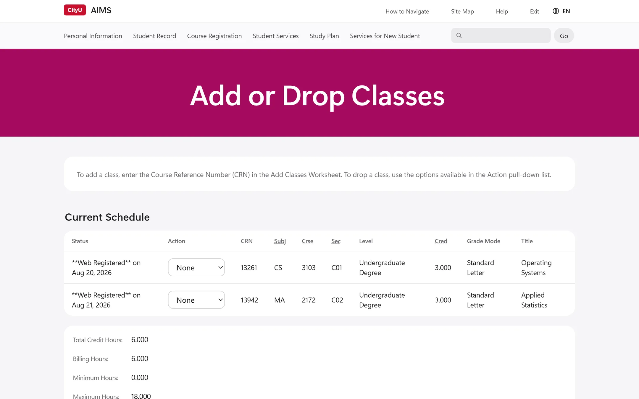The Add or Drop Classes page with AIMS++: the current schedule in a clean table, with credit totals below