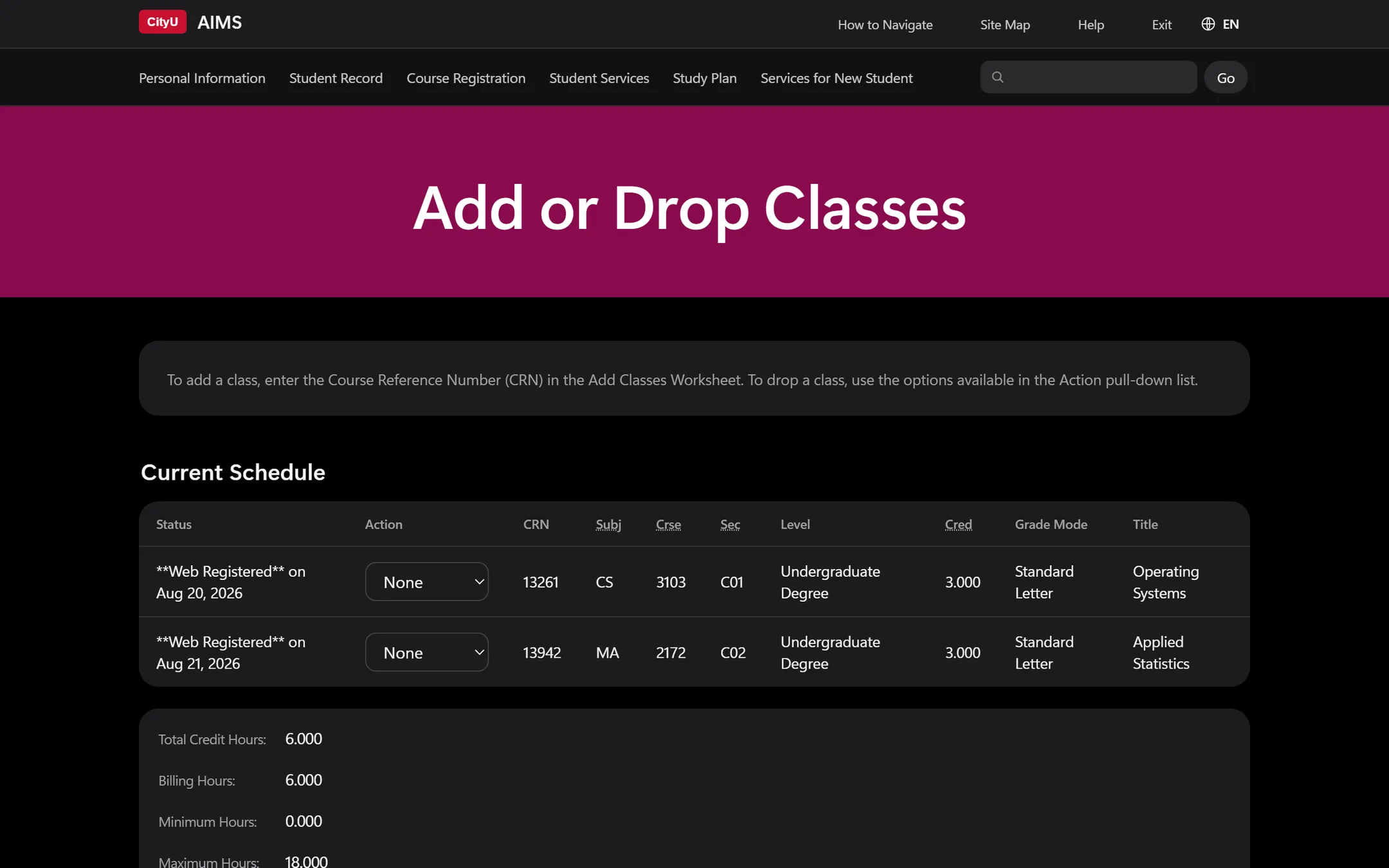 The same Add or Drop Classes page in dark mode