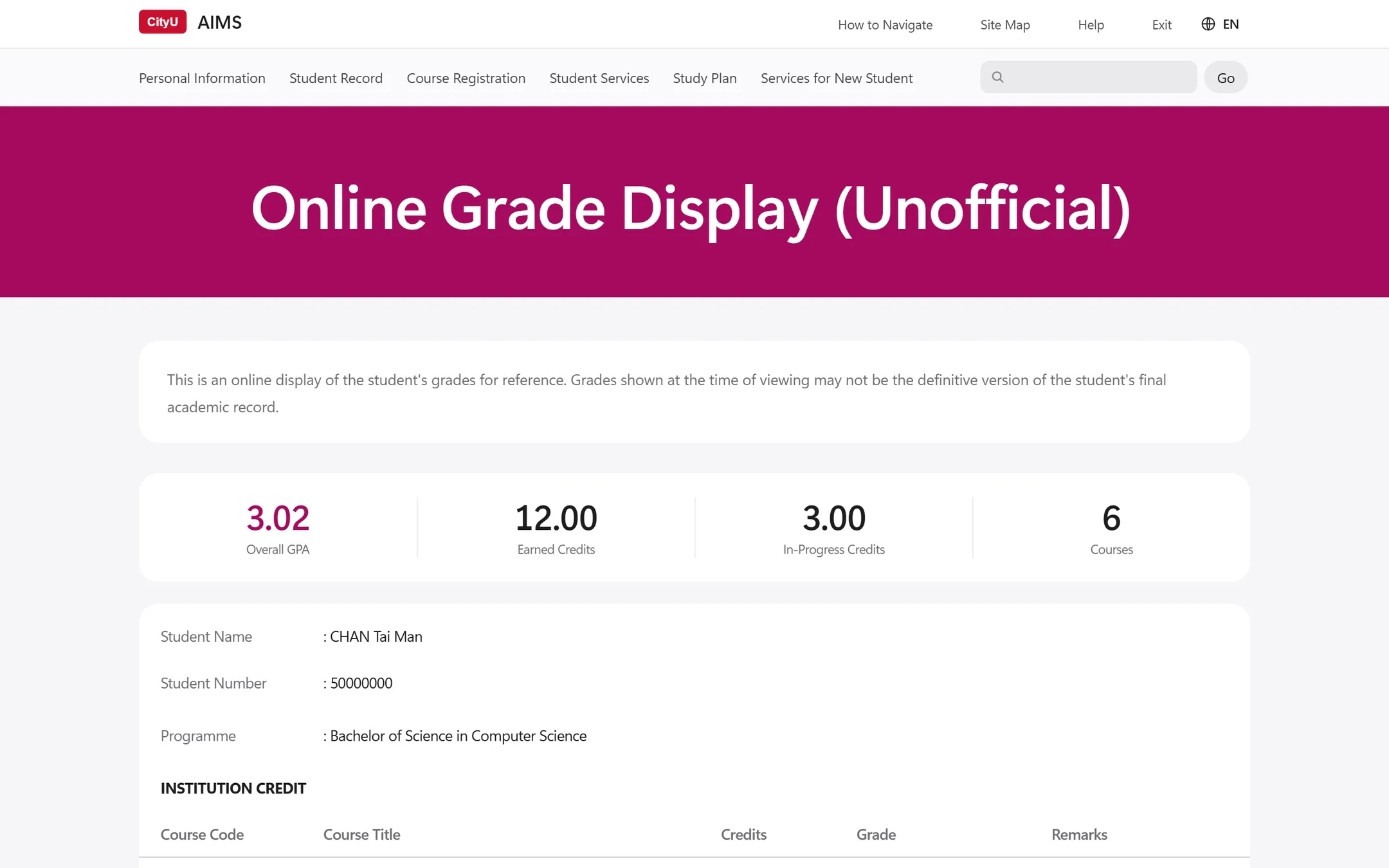 The same page with AIMS++: a magenta title band, a GPA summary and clean tables