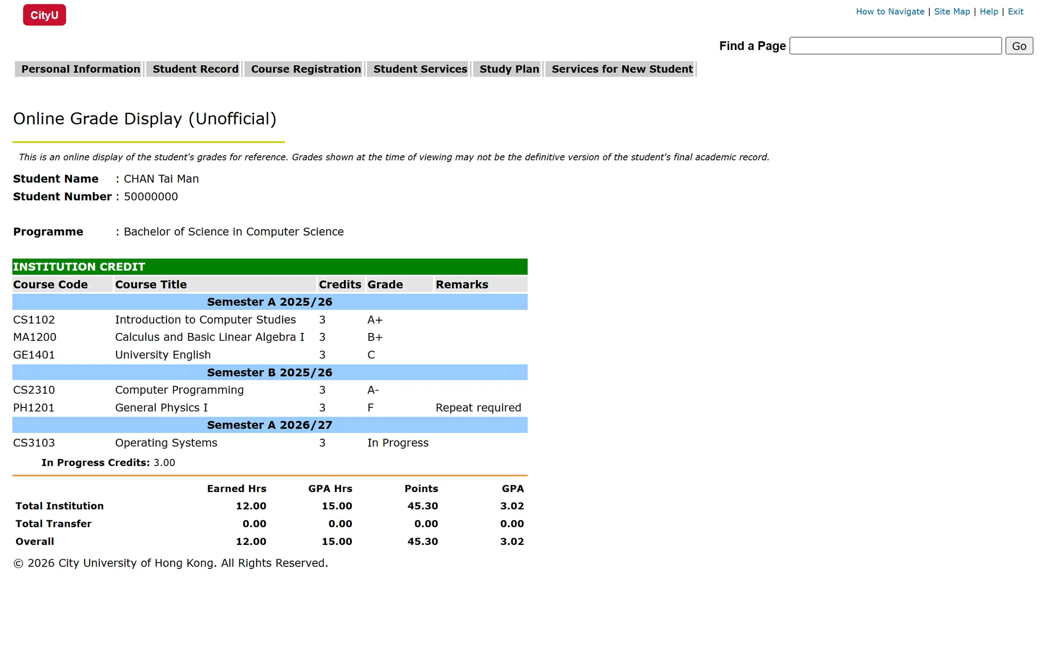 The grade page in its original styling: small Verdana text, grey tabs and coloured table bars